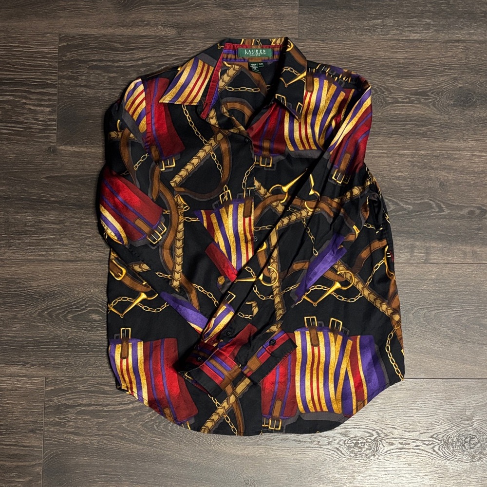 Lauren Ralph Lauren Black Multicolor Chain-Print Petite Woman’s Button Down - Picture 2 of 8